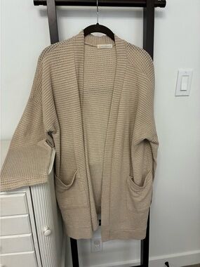Oversized Cabincore Cottagecore Cozy Cream Open-Front Waffle Knit Cardigan